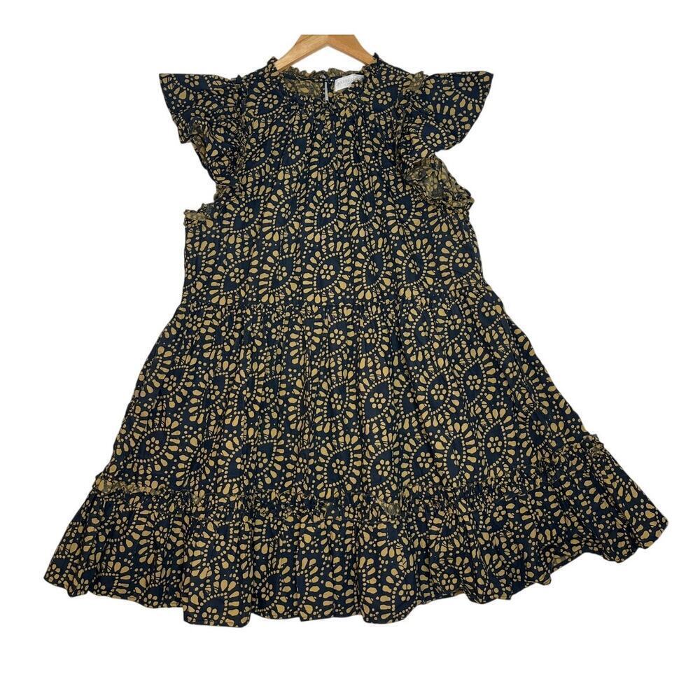 Caroline Constas Navy/Tan Boho Flutter Sleeve Tiered Ruffle Dress sz L Indie